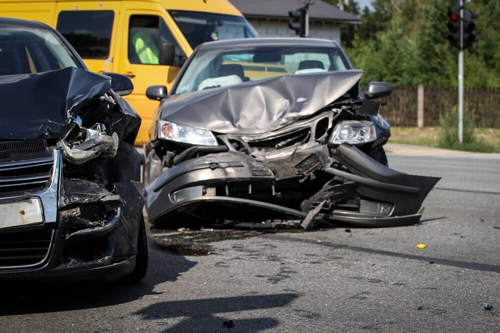 Car wreck after collision in the road.